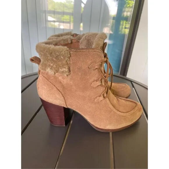 UGG Analise Chestnut Lace Up Ankle Boots Suede Chunky Heel Size 10
