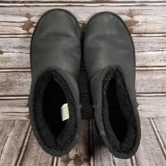 UGG Australia Men's 6 Classic Mini Stitch Deco Boots Black Leather Sheepskin