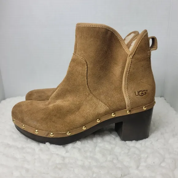 UGG Cam 2 Chestnut Ankle Heel Boots Womens Size 9 Suede Sheepskin Chunky Zip