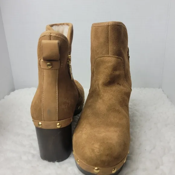 UGG Cam 2 Chestnut Ankle Heel Boots Womens Size 9 Suede Sheepskin Chunky Zip