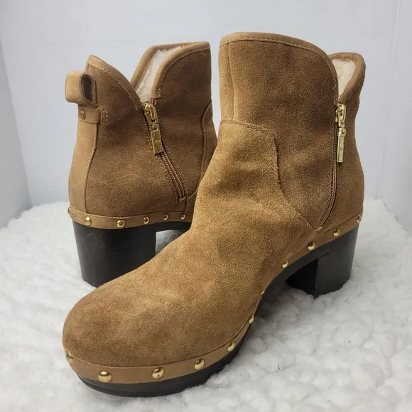 UGG Cam 2 Chestnut Ankle Heel Boots Womens Size 9 Suede Sheepskin Chunky Zip