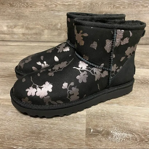 UGG | Classic Mini Floral Foil Boots In Black Size 7 NEW