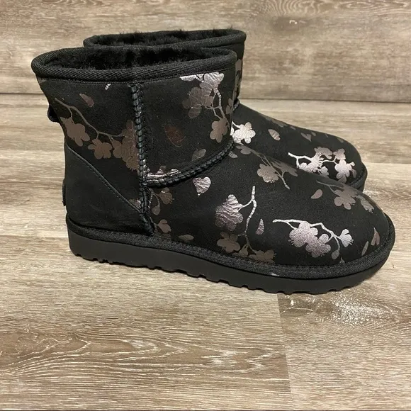 UGG | Classic Mini Floral Foil Boots In Black Size 7 NEW