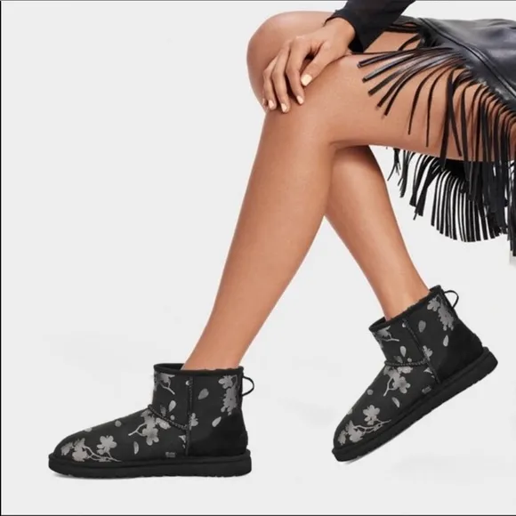 UGG | Classic Mini Floral Foil Boots In Black Size 7 NEW