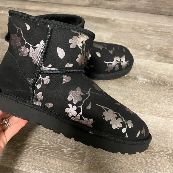 UGG | Classic Mini Floral Foil Boots In Black Size 7 NEW