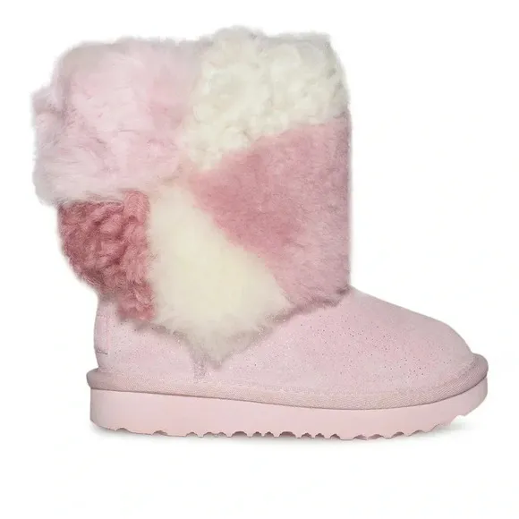 UGG CLASSIC SHORT PATCHWORK FLUFF BABY PINK BOOTS 10