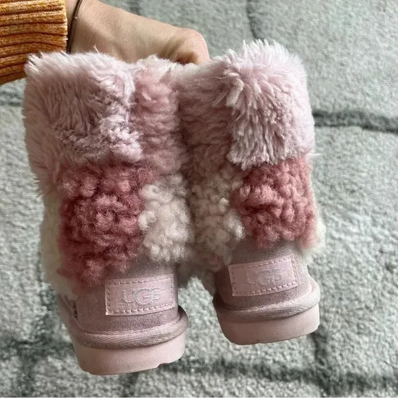 UGG CLASSIC SHORT PATCHWORK FLUFF BABY PINK BOOTS 10