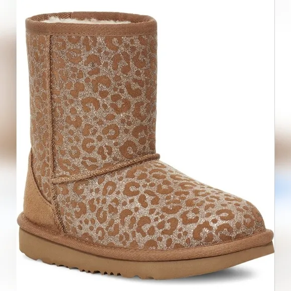 Ugg Girls Classic ll Glitter Leopard Boots Chestnut Suede Fur size 1