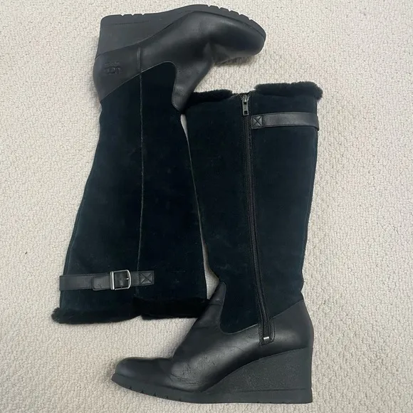 UGG Mischa Black Wedge Tall Waterproof Boots Suede 8.5