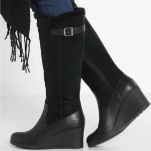 UGG Mischa Black Wedge Tall Waterproof Boots Suede 8.5