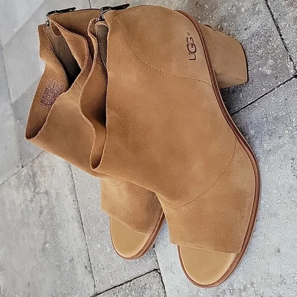 UGG Suede Peep Toe Ankle Boots Sz 10 Chunky Heel