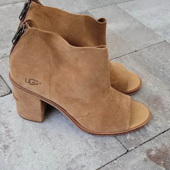 UGG Suede Peep Toe Ankle Boots Sz 10 Chunky Heel