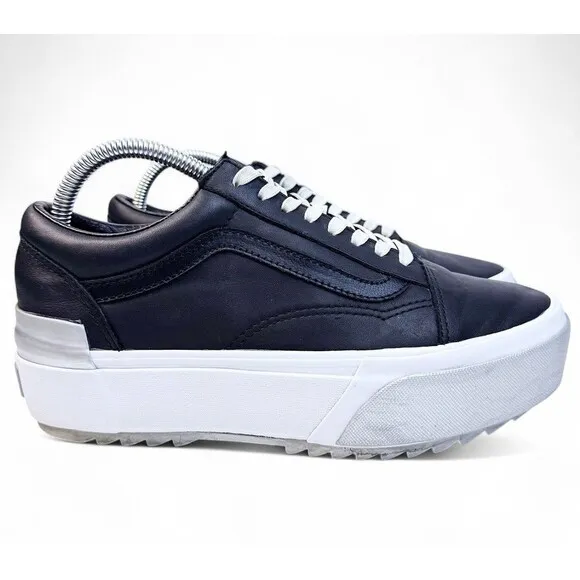 Vans Old Skool Stacked Shiny Black Silver White Platform Sneaker Shoe Womens 9