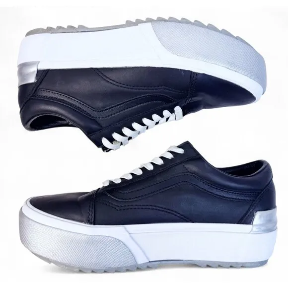 Vans Old Skool Stacked Shiny Black Silver White Platform Sneaker Shoe Womens 9