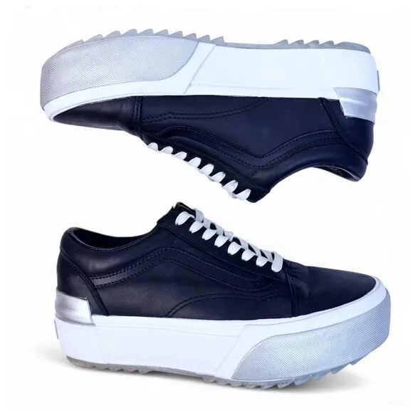 Vans Old Skool Stacked Shiny Black Silver White Platform Sneaker Shoe Womens 9