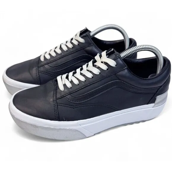 Vans Old Skool Stacked Shiny Black Silver White Platform Sneaker Shoe Womens 9