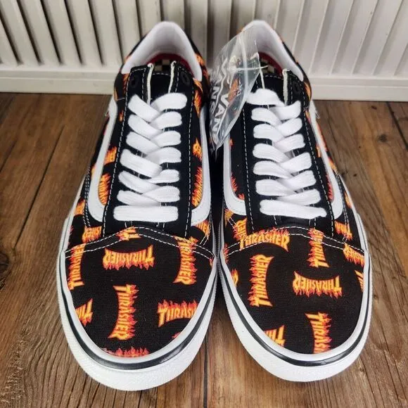 VANS x THRASHER Old Skool Mens Sz 9.5 Black Skate Skater Low Sneakers Shoes NEW