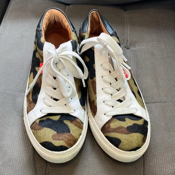 Veronica Beard Sami Camo Skater Low Top Sneakers calf hair leather interior