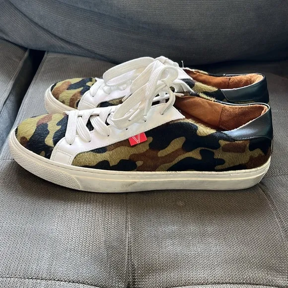 Veronica Beard Sami Camo Skater Low Top Sneakers calf hair leather interior