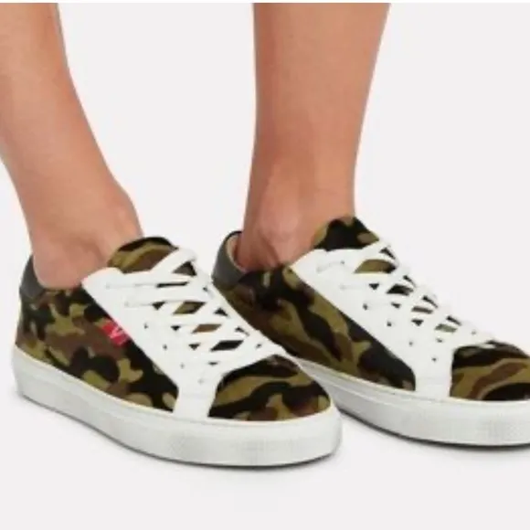 Veronica Beard Sami Camo Skater Low Top Sneakers calf hair leather interior