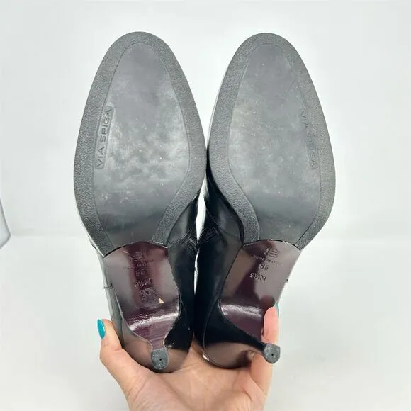 Via Spiga Women's Black Leather Ankle Booties Size 9.5M Stiletto Heel Almond Toe