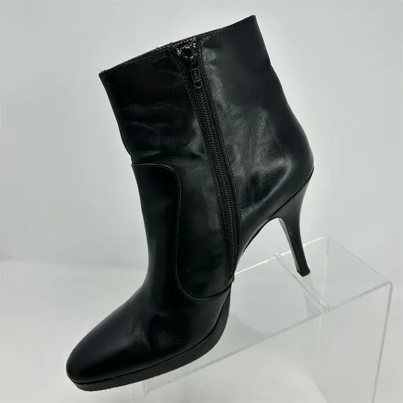 Via Spiga Women's Black Leather Ankle Booties Size 9.5M Stiletto Heel Almond Toe