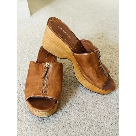 VIA SPIGA Womens Sz 11M Brown Sandals With Zip- Leather Upper, Cork Wedge