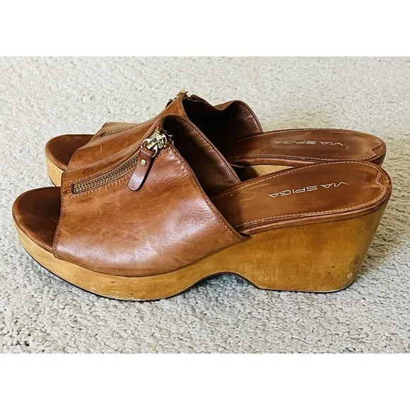 VIA SPIGA Womens Sz 11M Brown Sandals With Zip- Leather Upper, Cork Wedge