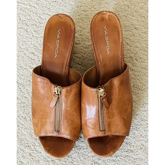 VIA SPIGA Womens Sz 11M Brown Sandals With Zip- Leather Upper, Cork Wedge