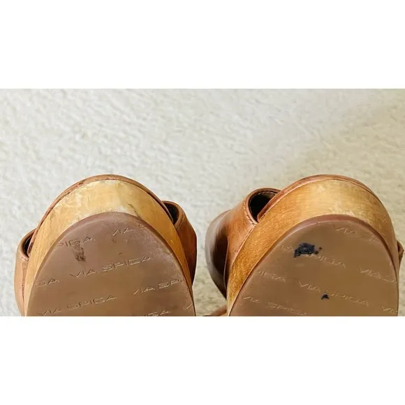 VIA SPIGA Womens Sz 11M Brown Sandals With Zip- Leather Upper, Cork Wedge