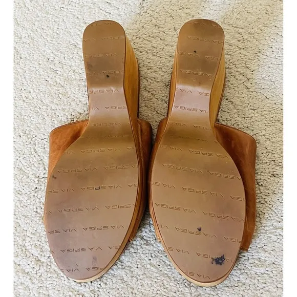VIA SPIGA Womens Sz 11M Brown Sandals With Zip- Leather Upper, Cork Wedge