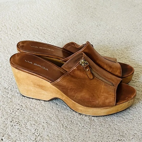 VIA SPIGA Womens Sz 11M Brown Sandals With Zip- Leather Upper, Cork Wedge