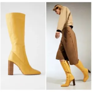 Vibrant Yellow Heeled Boots with Chunky Heel and Smooth Shaft