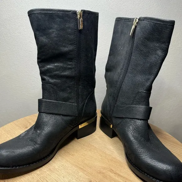 Vince Camuto black boots with gold accents