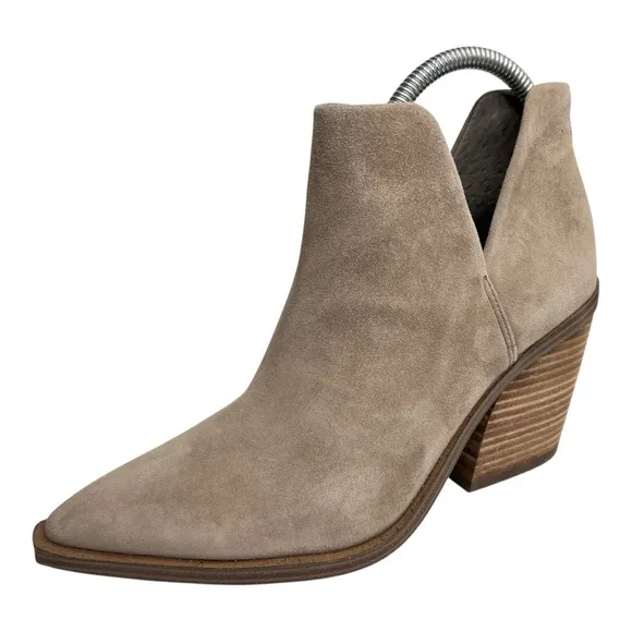 Vince Camuto Gigietta Tan Suede Leather Pointed Toe Blocked Heel Ankle Bootie