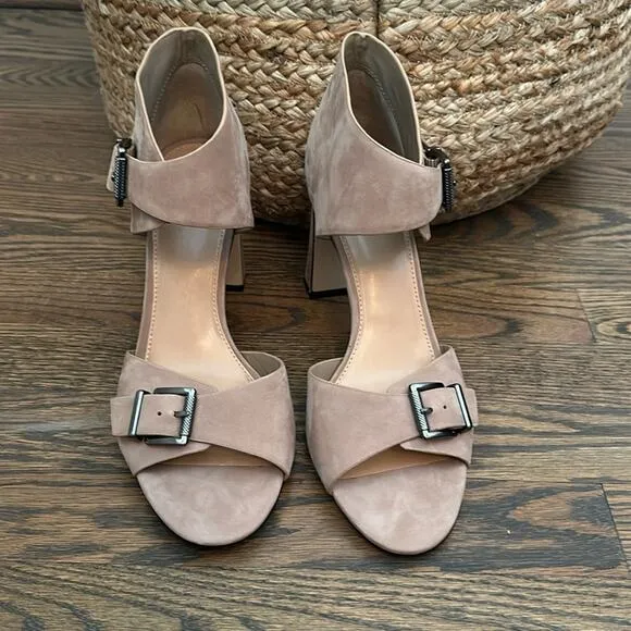 Vince Camuto Suede Leather Block Heel Sandals - Taupe Size 10 M NWOB
