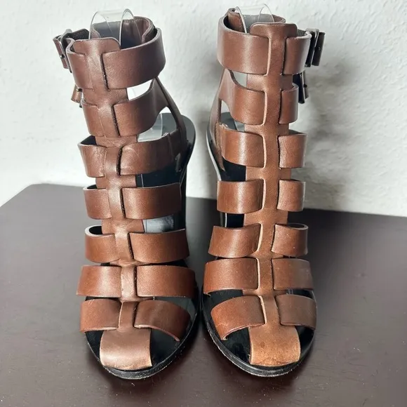 Vince Nicolette Caged Heeled Brown Leather Gladiator Sandals Women’s 5.5 $359