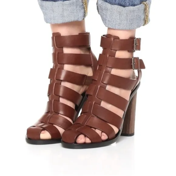 Vince Nicolette Caged Heeled Brown Leather Gladiator Sandals Women’s 5.5 $359