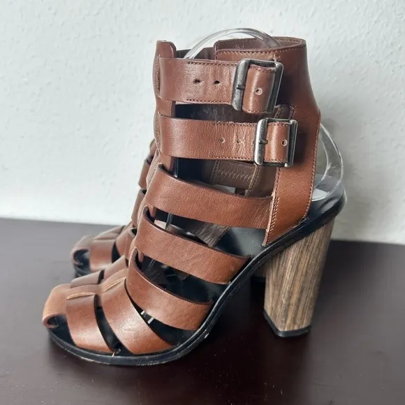 Vince Nicolette Caged Heeled Brown Leather Gladiator Sandals Women’s 5.5 $359