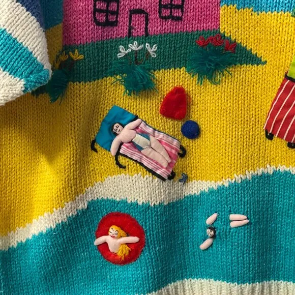 Vintage 80s 3D Hand-Knit Beach Scene Sweater – Whimsical Summer Coastal Kitsch