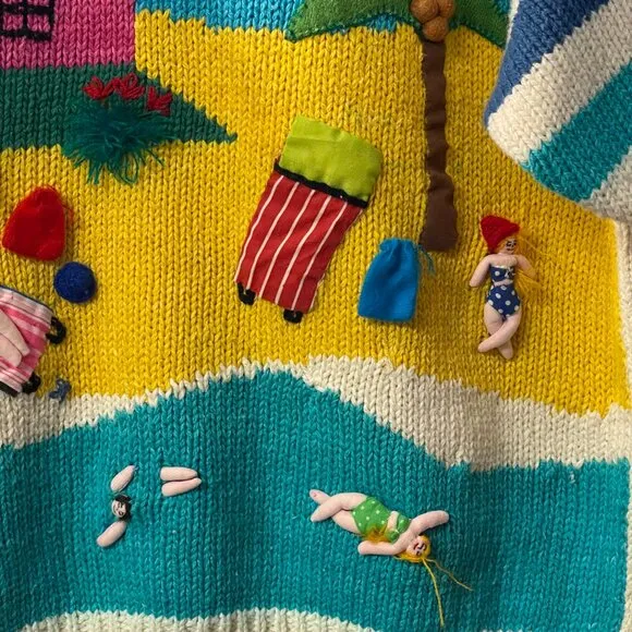 Vintage 80s 3D Hand-Knit Beach Scene Sweater – Whimsical Summer Coastal Kitsch