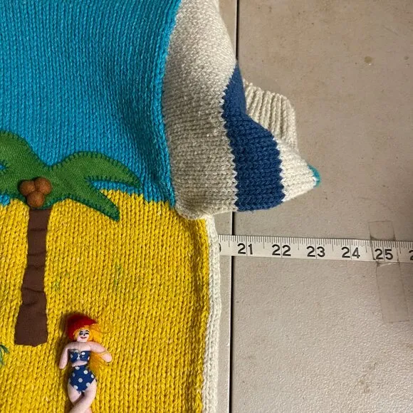 Vintage 80s 3D Hand-Knit Beach Scene Sweater – Whimsical Summer Coastal Kitsch