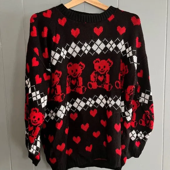 Vintage 90s Teddy Bear Heart Sweater L/XL Y2K Grunge Kawaii Alt Indie Harajuku