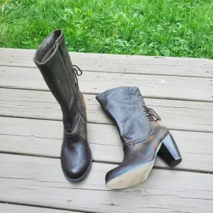 Vintage 90s y2k Bratz Brown Vegan Leather Chunky Lace-up Corset Mid Calf Boots