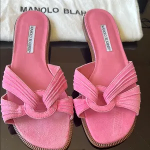 Vintage Manolo Blahnik Pink Women's Slide   Sandals Suede made Italy 37-1/2