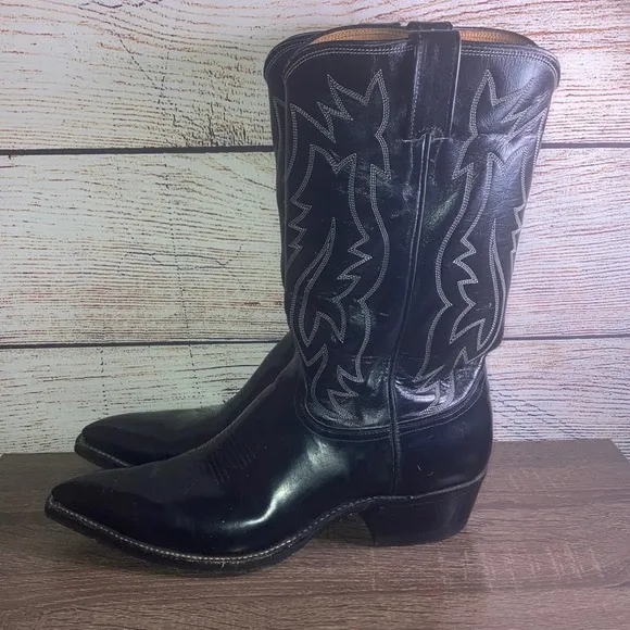 Vintage Men's Justin Black Cowboy Boots Size 9 1/2D  Pointed Toe Cowboy