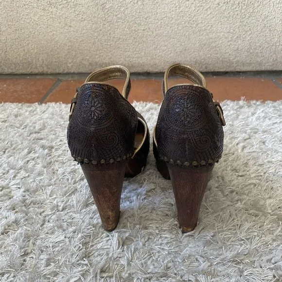 Vintage Prada Heels Brown Wooden Sandals Embroidered Studded Leather Size 39.5