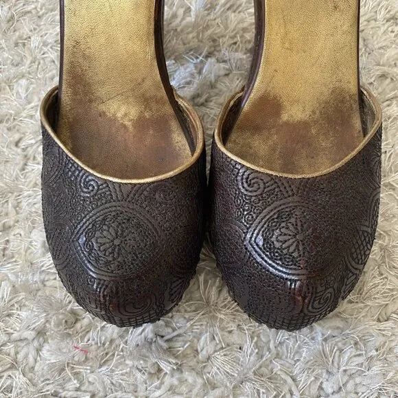 Vintage Prada Heels Brown Wooden Sandals Embroidered Studded Leather Size 39.5