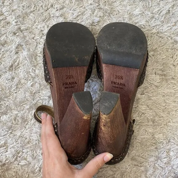 Vintage Prada Heels Brown Wooden Sandals Embroidered Studded Leather Size 39.5