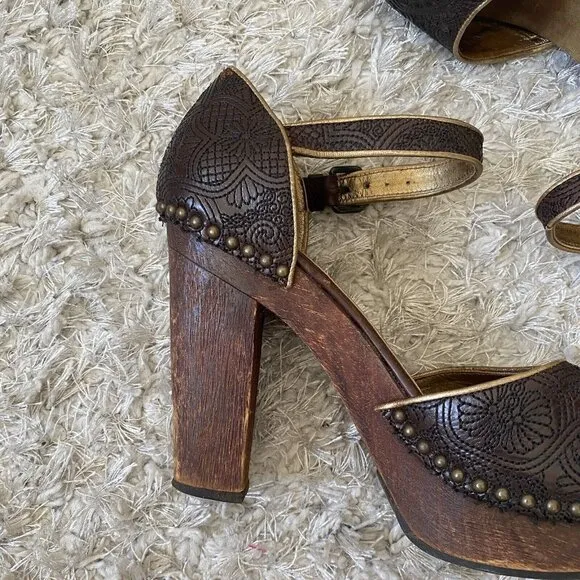 Vintage Prada Heels Brown Wooden Sandals Embroidered Studded Leather Size 39.5